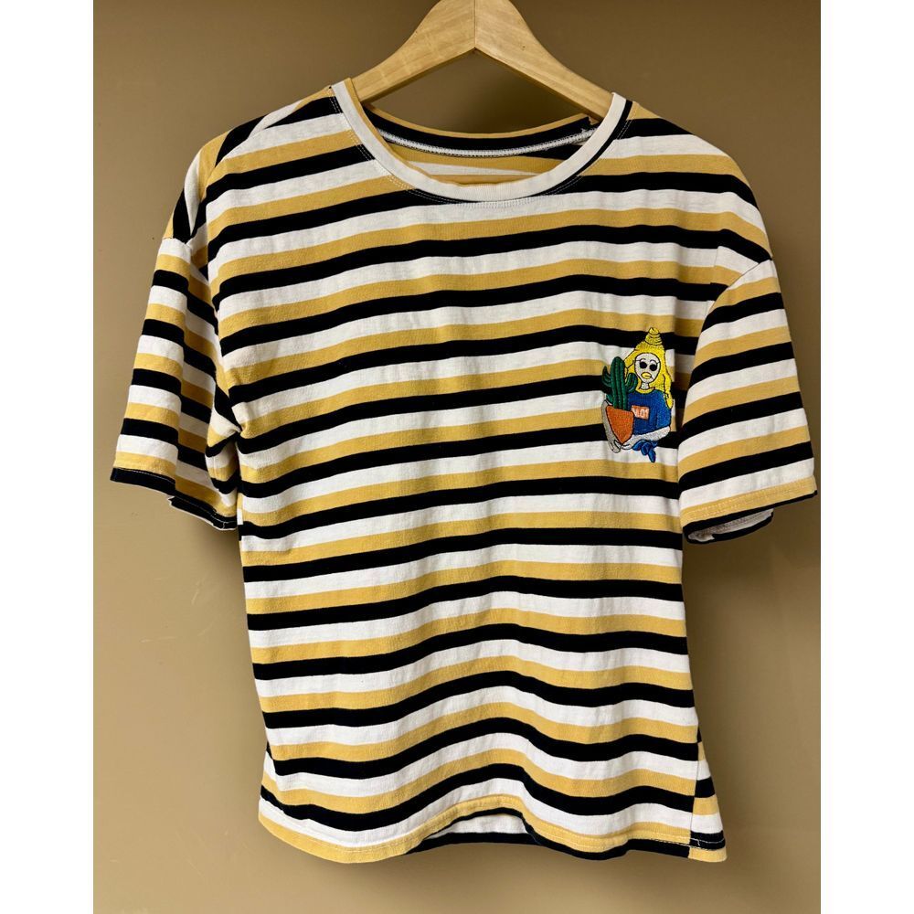 Black, Yellow & White Striped T-Shirt with‎ Embroidered Cactus